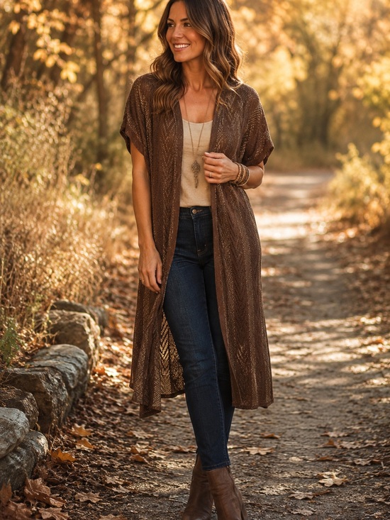 Chico's Dresses & Skirts - Chico’s Size 2 Brown Metallic Open Knit Long Duster Cardigan Boho Shimmer